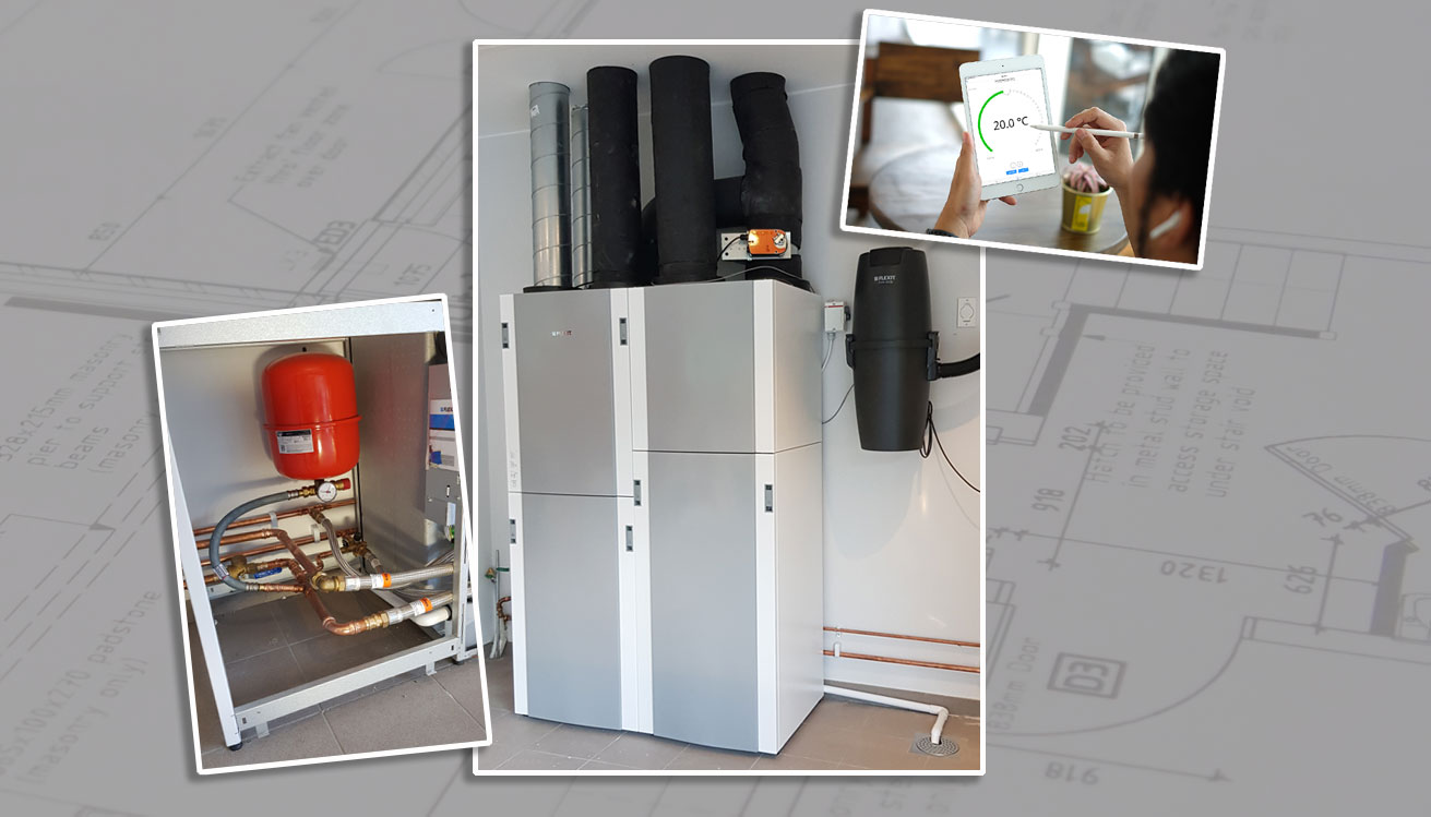 Foto: Praktisk installasjon med alt samlet. Ekspansjonskar skjult i den innebygde installasjonsmodulen. Inneklimasentralen styres enkelt via Flexit GO-appen.